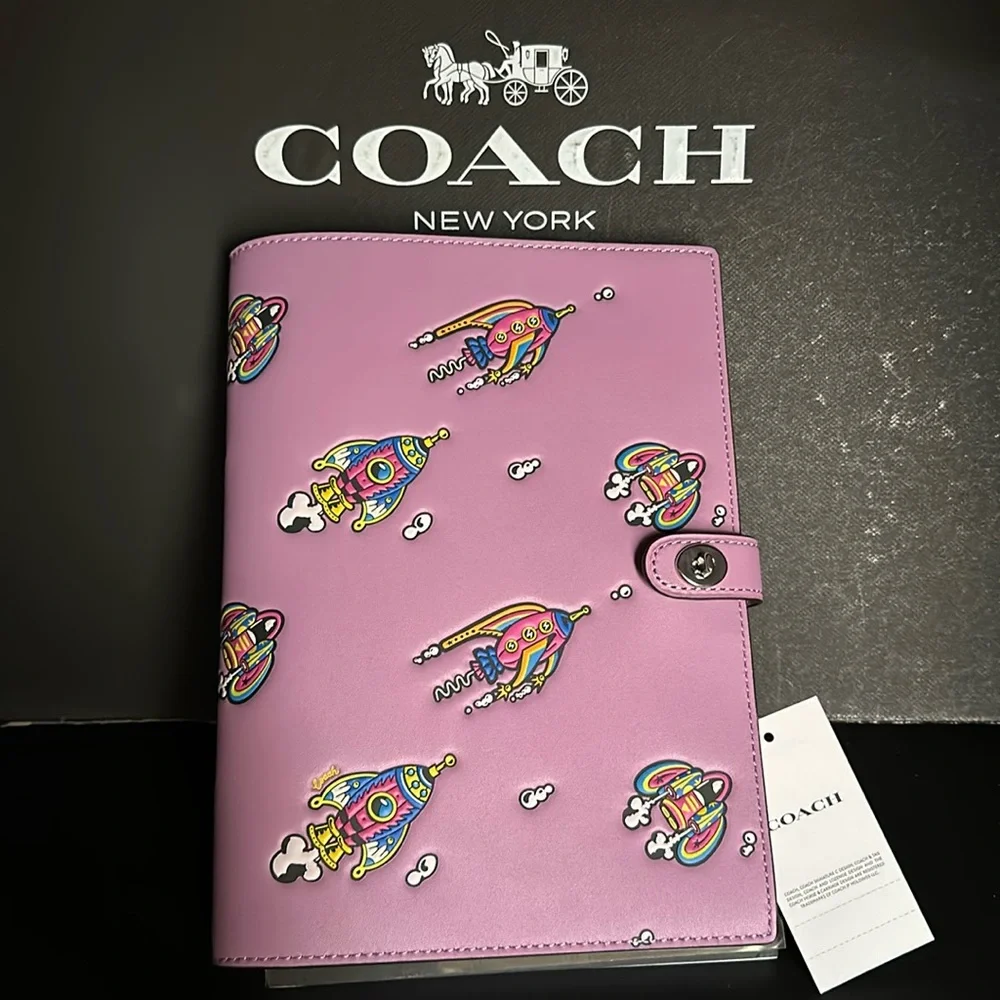 NWT Coach Cosmic Coach Leather Notebook Rocket Print CN745 Violet Work Book